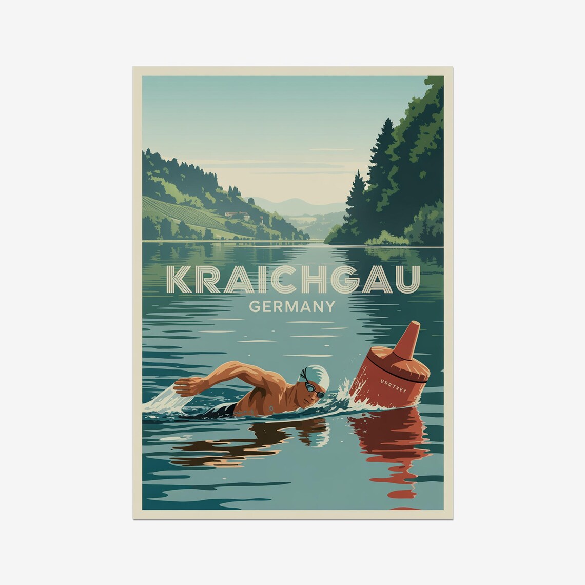 Kraichgau Germany Vintage Open Water Lake Swim Race Art Poster