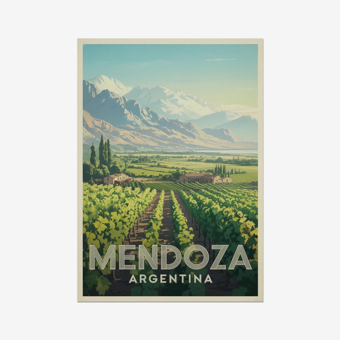 Mendoza Argentina Vineyards Snowcapped Andes Vintage Travel Poster