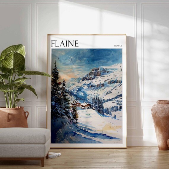 Flaine France Panoramic Ski Slopes Watercolor Alpine Scene Poster
