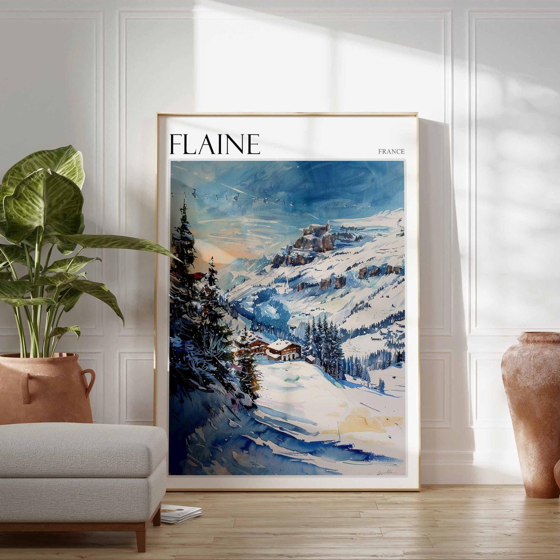 Flaine France Panoramic Ski Slopes Watercolor Alpine Scene Poster