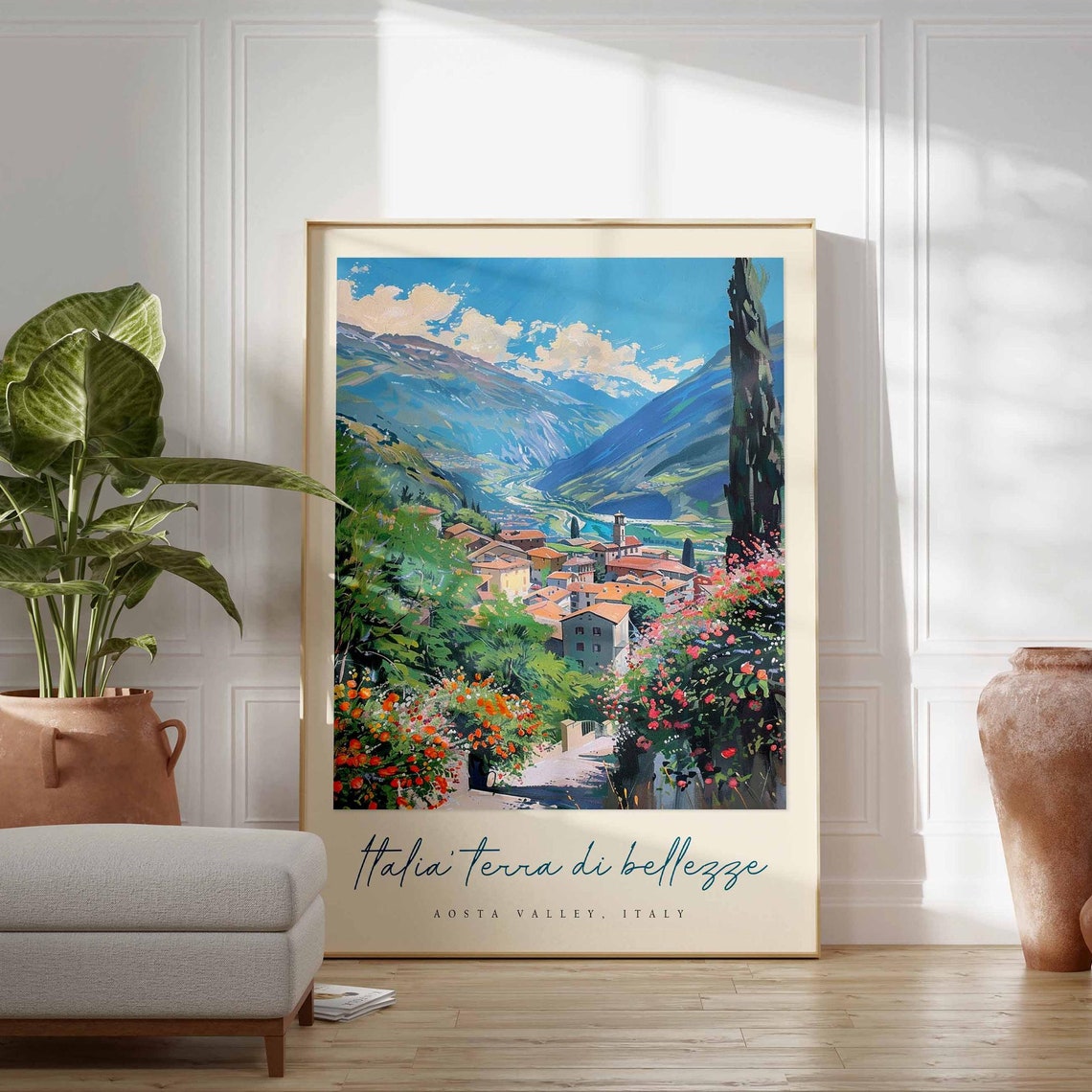Aosta Valley Flower Covered Path Town Mountains Travel Poster - Image 3