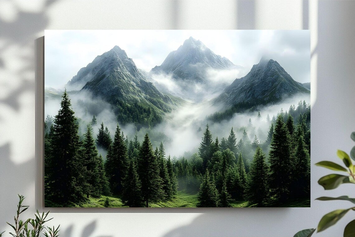 Forest Mountains, Misty Green Landscape Art Print