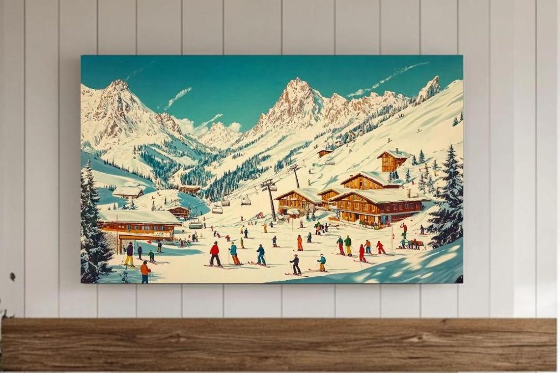 Vintage Alpine Ski Resort Illustration With Skiers And Chalets Poster