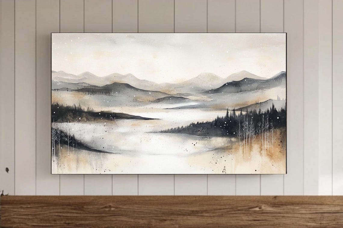 Monochrome Watercolor Mountain Valley Winter Landscape Poster