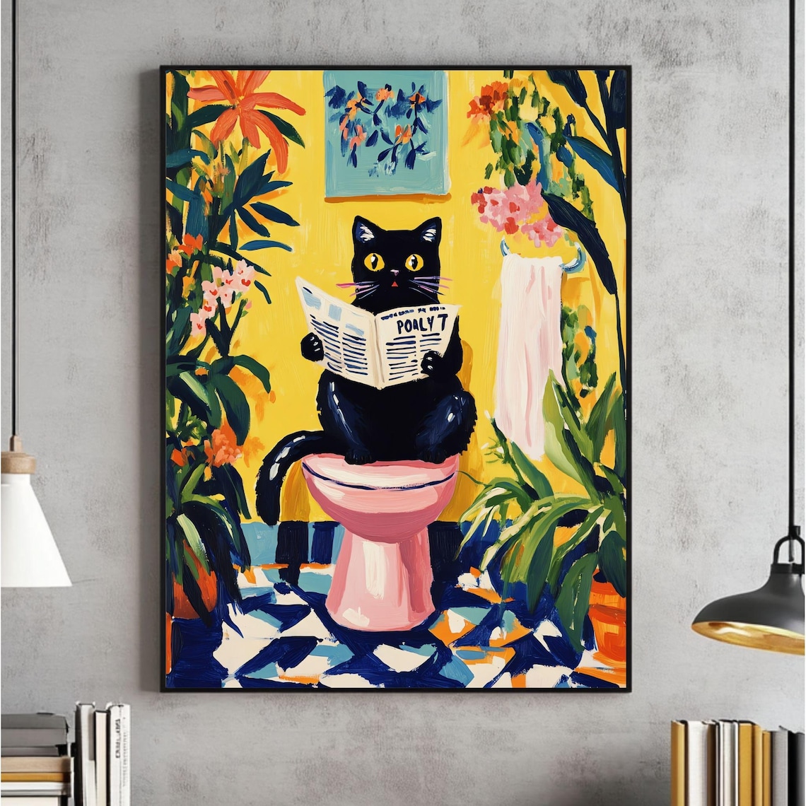 Black Cat On A Toilet Wall Art Pooping Tropical Pink Dopamine Decor Funny Bathroom File Print Gift For Lover