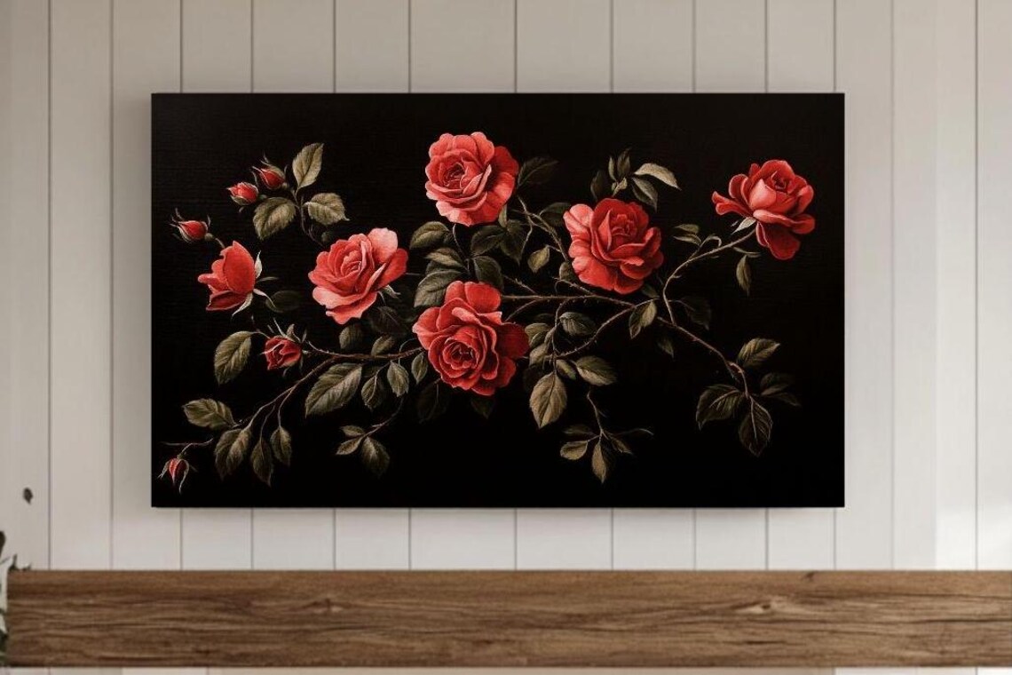 Red Roses Black Background Vintage Oil Painting Floral Poster