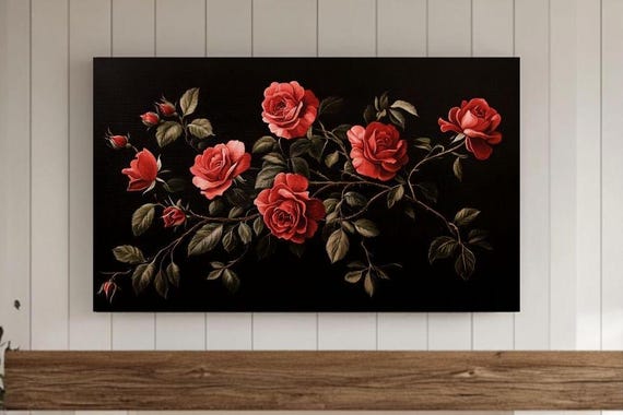 Red Roses Valentines Day Frame Tv Art Vintage Floral Oil Painting Botanical Flowers Dark Moody Decor