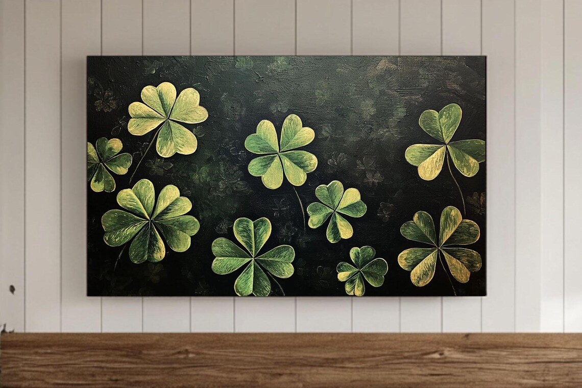 Irish Golden Shamrock Oil Painting on Dark Green Canvas Art Print