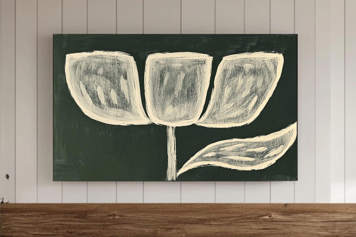 Abstract White Tulip Flower Art on Dark Green Minimal Poster