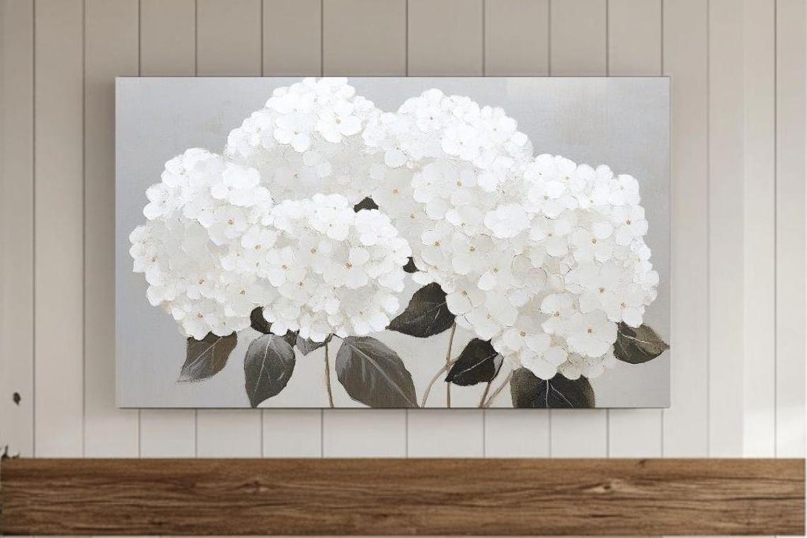 Snowball White Hydrangea Dark Leaves Bright Floral Painting Poster