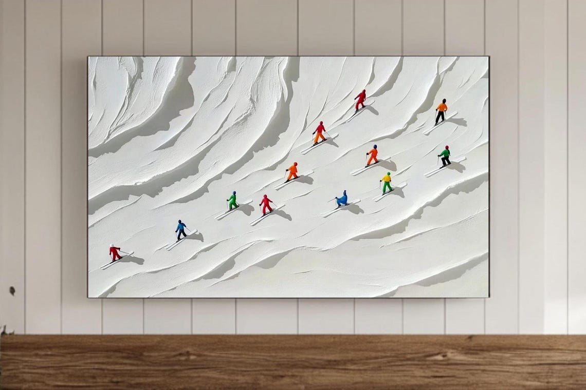 Tiny Colorful Skiers Ascending Textured White Snow Slope Poster