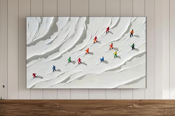 Tiny Colorful Skiers Ascending Textured White Snow Slope Poster