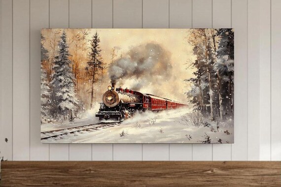 Vintage Red Steam Train Snowy Forest Winter Watercolor Poster