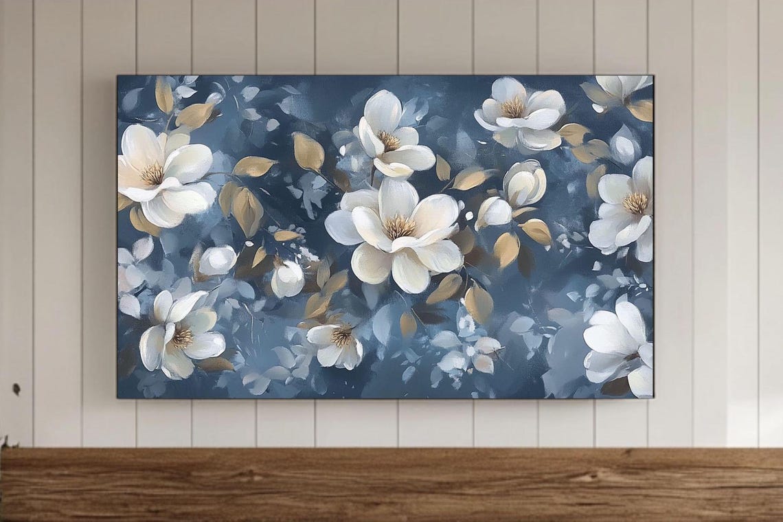 White Magnolia Flowers with Gold Leaves Navy Painting Poster