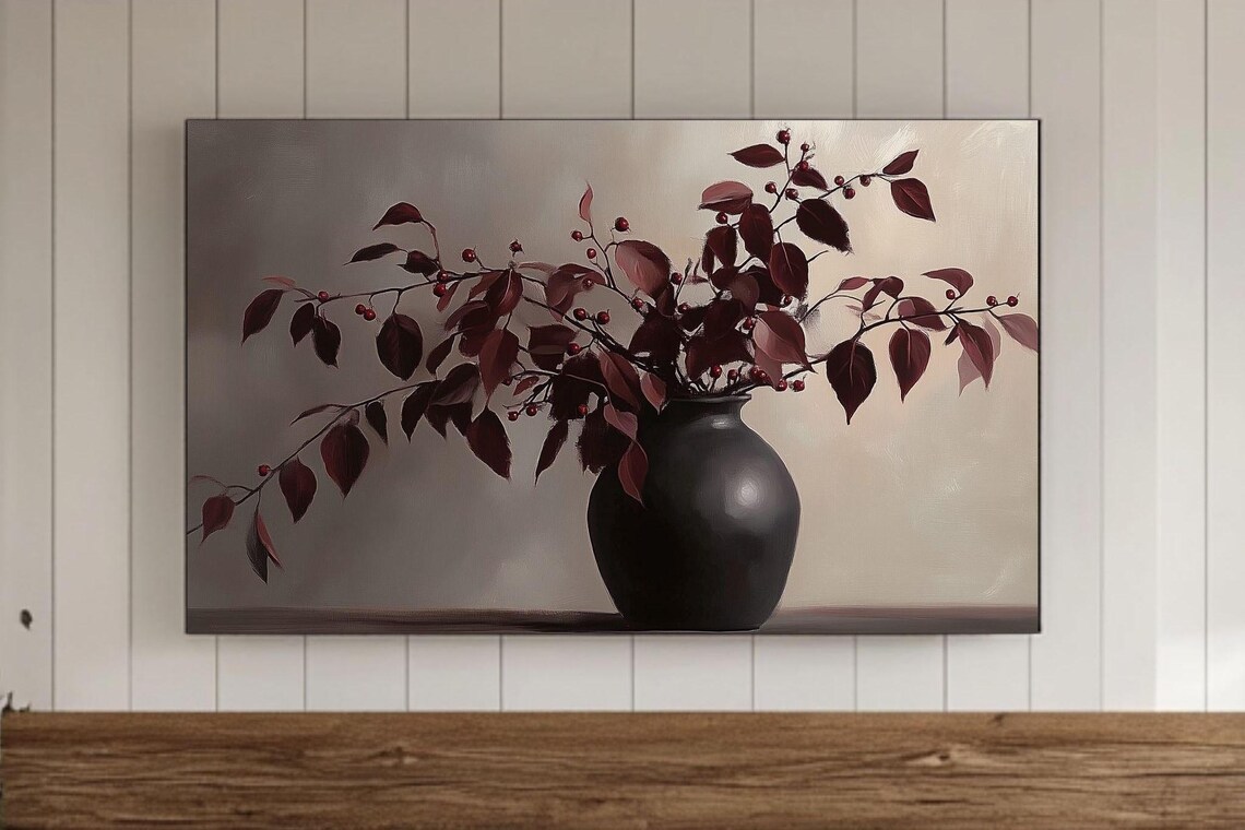 Burgundy Branches Black Vase Moody Still Life Painting Poster