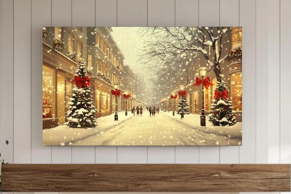 Snowy Christmas Avenue Red Bows Lampposts Holiday Town Poster