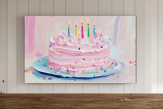 Cute Pink Birthday Cake Five Candles Impasto Painting Poster
