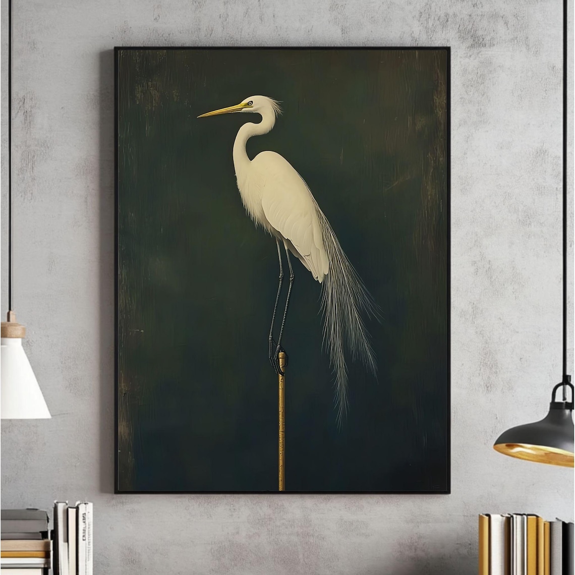 Elegant White Heron Standing Tall on Dark Emerald Green Poster