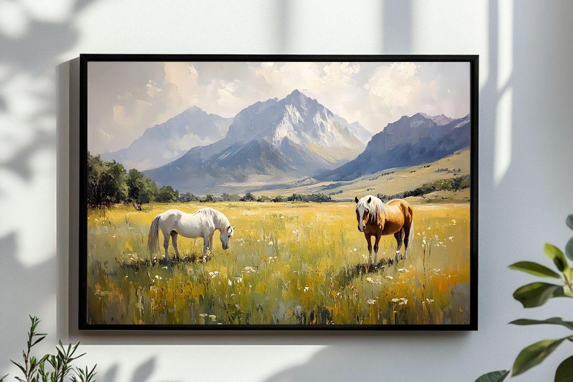 White Horse Grazing Beside Chestnut Horse In Sunny Mountain Poster