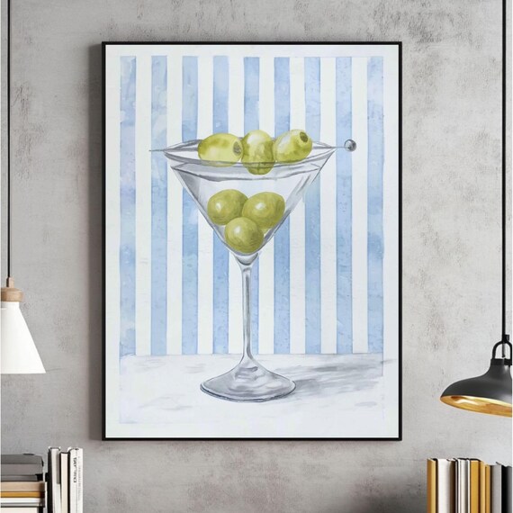 Chic Martini Glass Olives Blue Stripes Bar Cart Cocktail Art Print