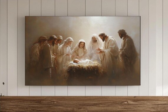 Nativity Scene Baby Jesus Manger Warm Light Religious Christmas Painting Wall Art
