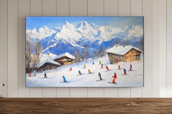 Skiing Holiday Frame Tv Wall Art Colorful Skiers Winter In Snowy Mountains Vintage Style Painting Swiss Alps