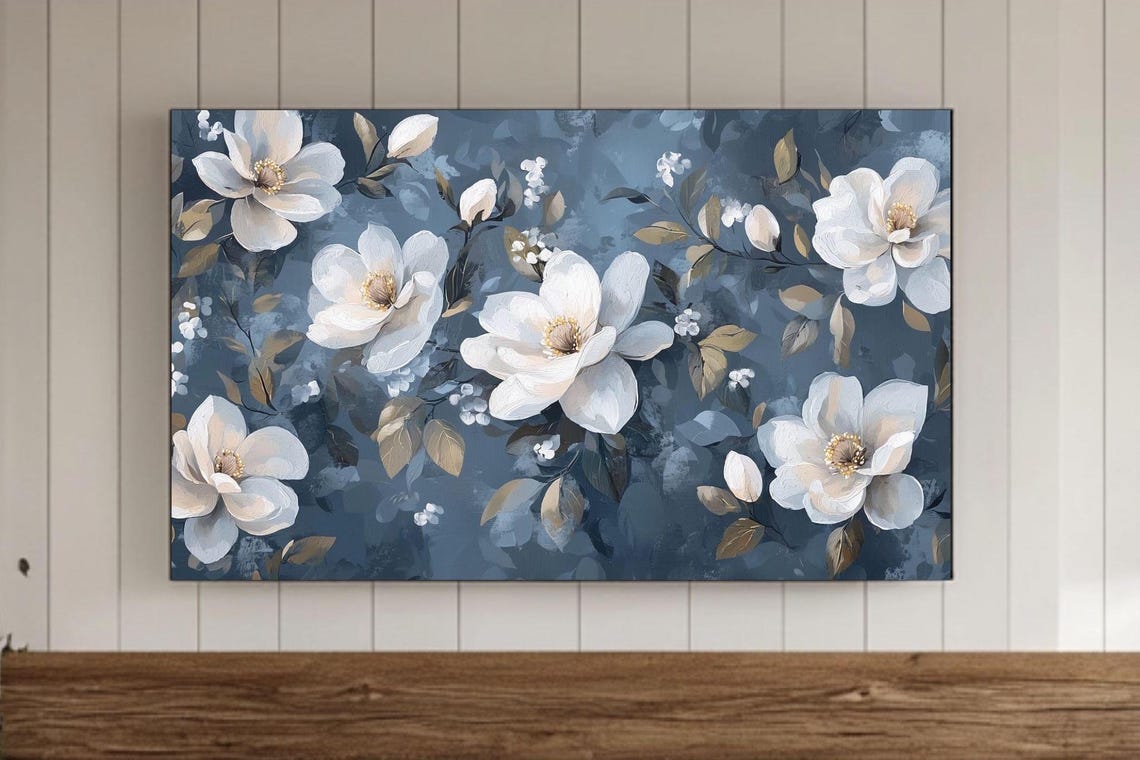 White Magnolia Blooms on Navy Blue Elegant Floral Art Poster