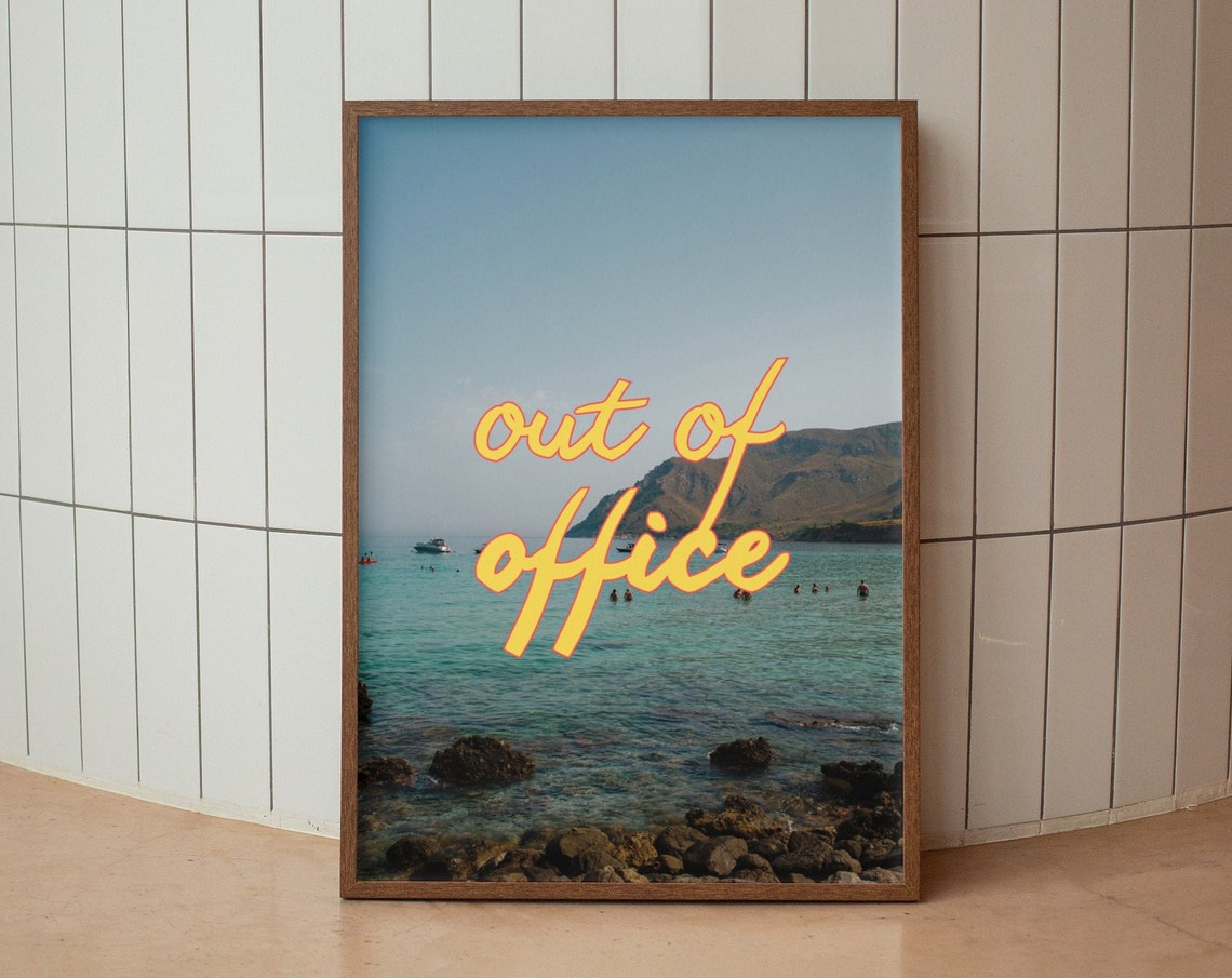 Out Of Office Yellow Script Retro Beach Ocean Summer Holiday Poster
