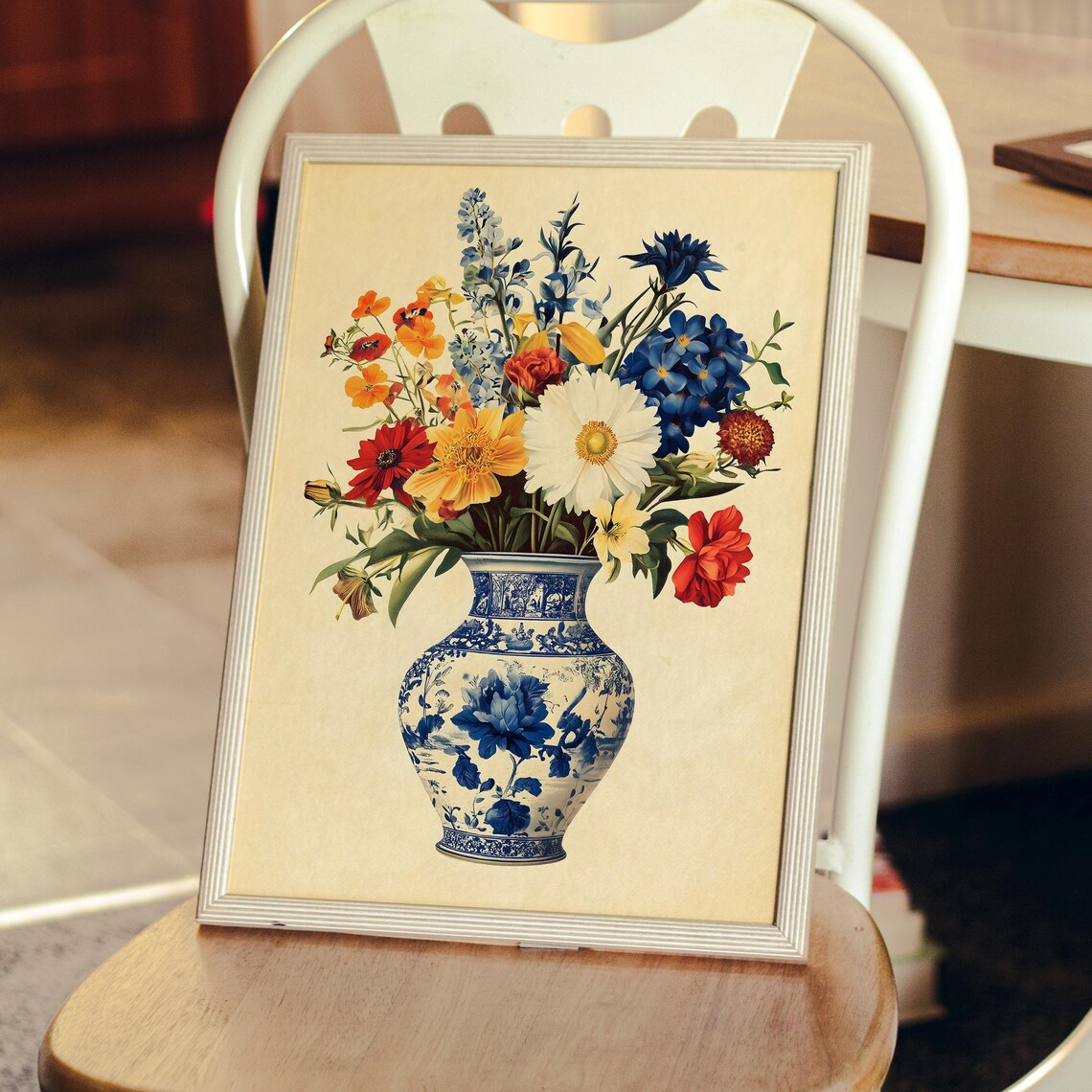 Vintage Flower Bouquet In Blue Porcelain Vase Farmhouse Art Poster