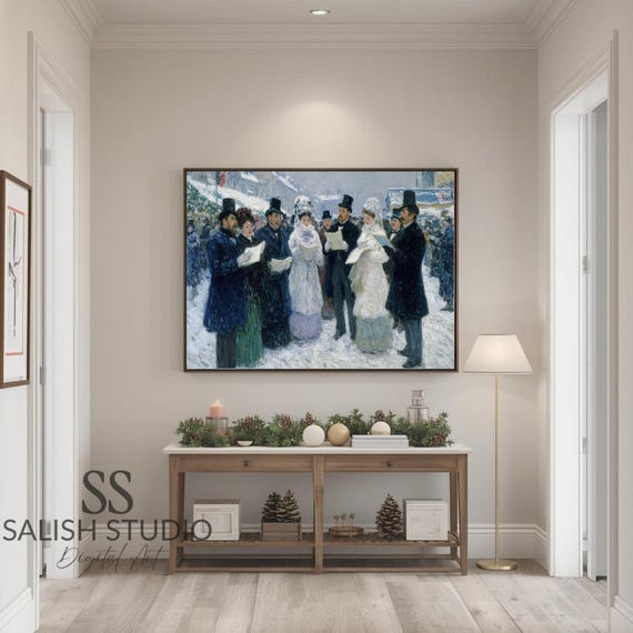 Victorian Christmas Carolers Singing in the Snow Vintage Art Poster