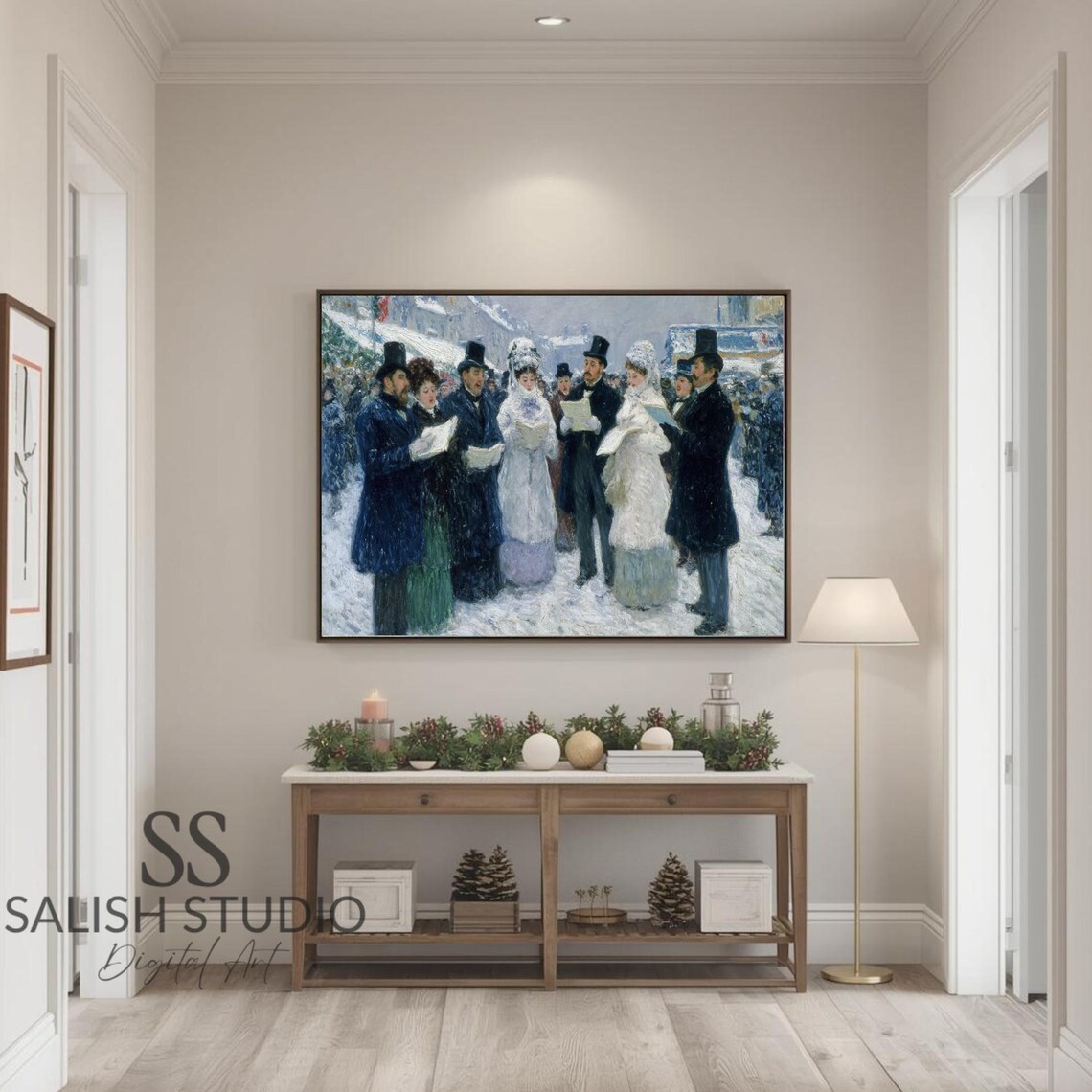Victorian Christmas Carolers Singing in the Snow Vintage Art Poster