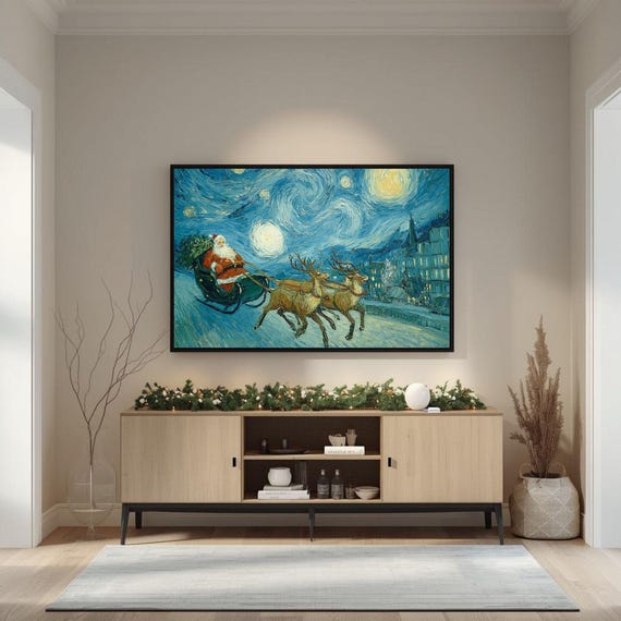 Santa Sleigh Reindeer Flight Starry Night Christmas Wall Art