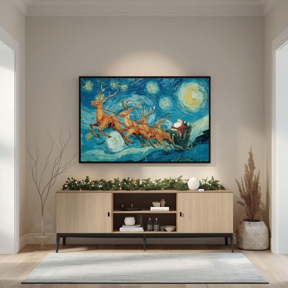 Santas Sleigh Stars Art Print Festive Holiday Decor
