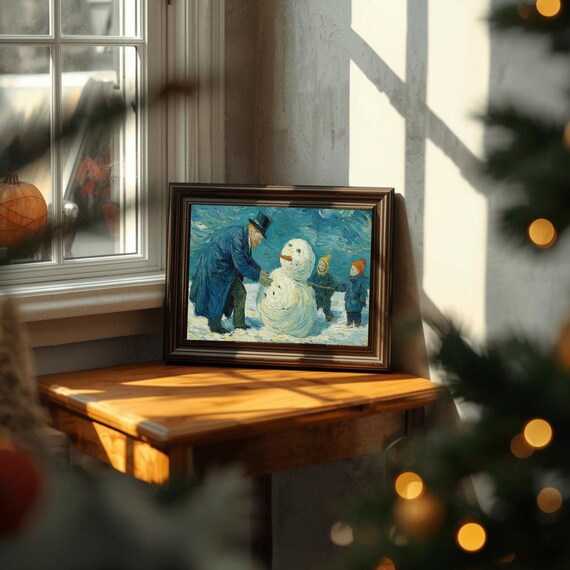 Family Building a Snowman Together Impressionist Winter Art Poster