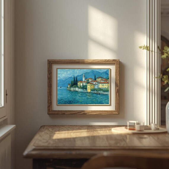 Van Gogh Style Italian Coastal Lake Village Church Tower Scene Poster