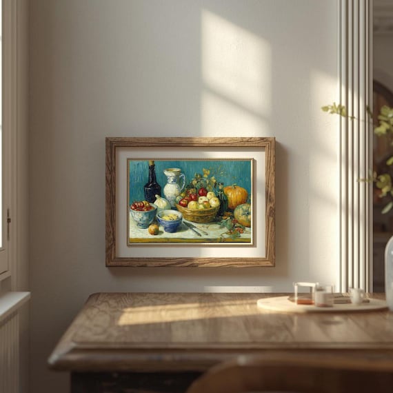 Autumn Harvest Still Life Apples Pumpkin Pottery Oil Style Art Print