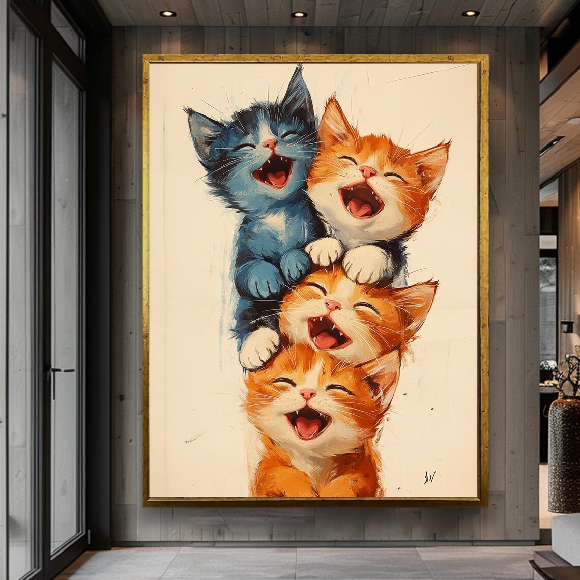 Four Laughing Kittens Stacked High in a Joyful Watercolor Poster