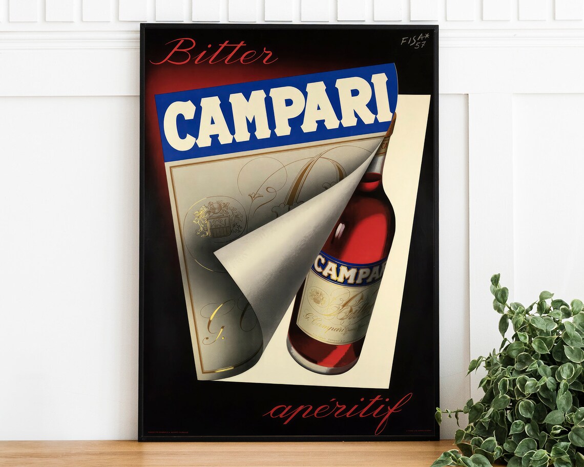 Bitter Campari 1957 Fisa Retro Bottle Peel Vintage Advertising Poster