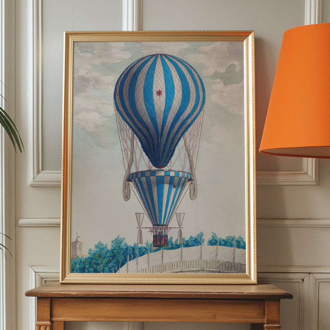 Blue White Striped Hot Air Balloon Vintage Ballooning Art Print - Image 2