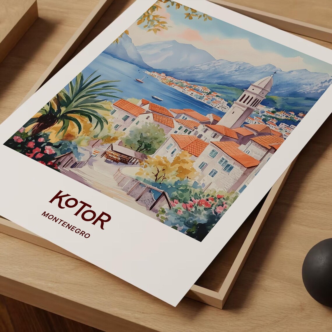 Kotor Montenegro Bay Bell Tower Mountains Watercolor Travel Poster Art - Image 2