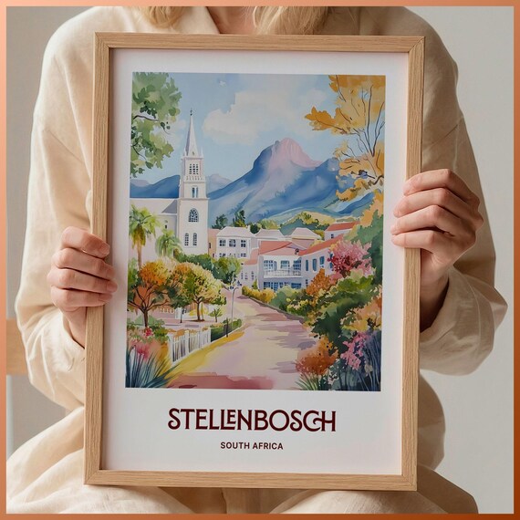Stellenbosch South Africa Watercolor Church Mountain Garden Travel Poster