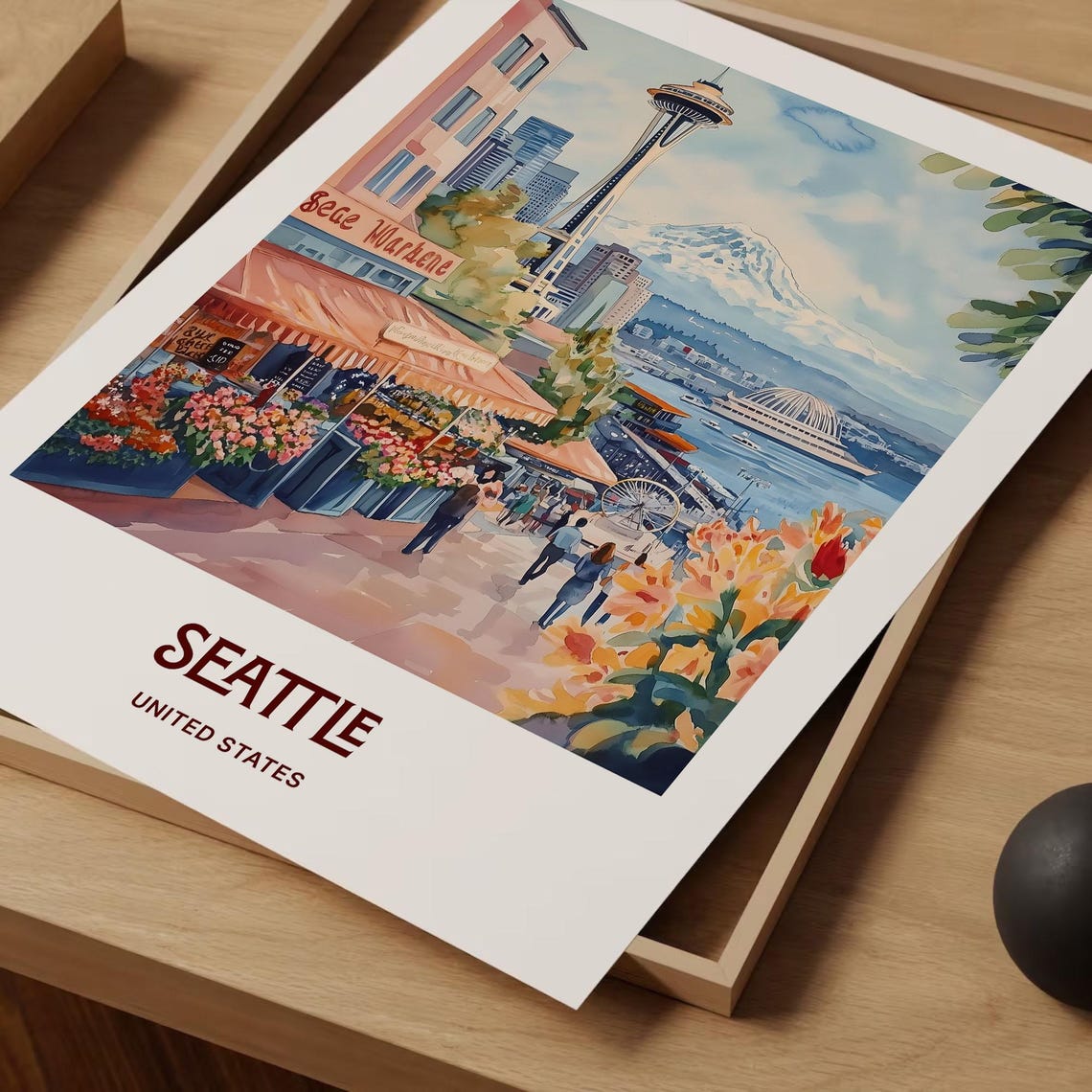Seattle Pike Place Space Needle Rainier Watercolor Travel Poster - Image 2
