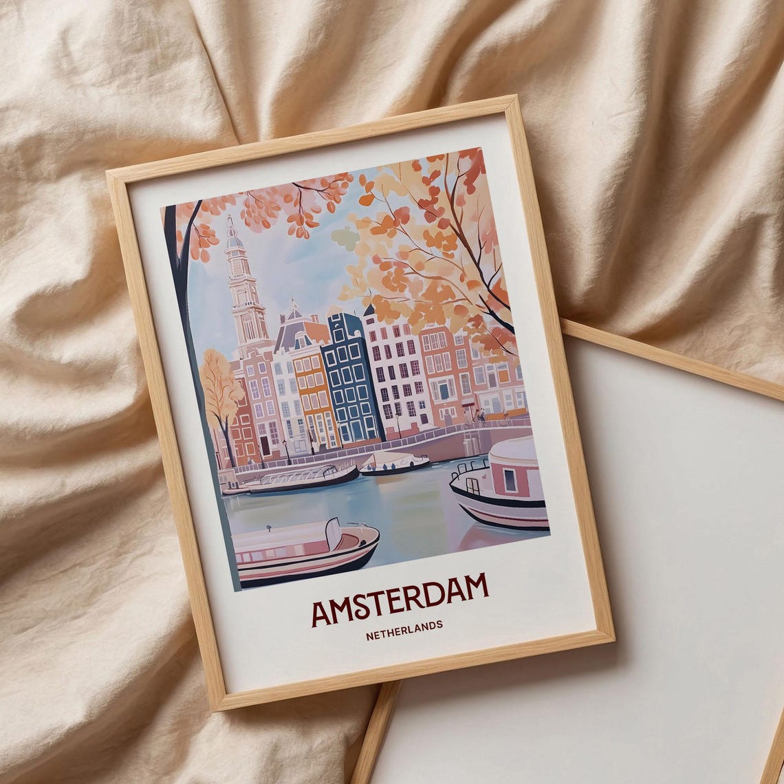 Amsterdam Netherlands Canal Boat Gabled House Autumn Travel Poster - Image 3