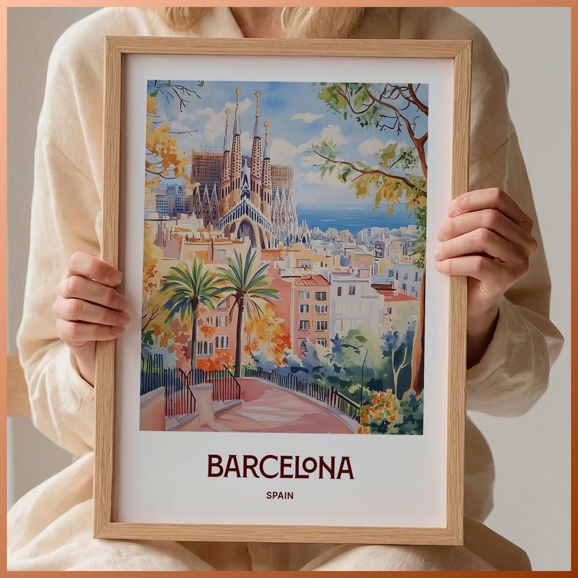 Barcelona Spain Sagrada Familia Cathedral Watercolor Travel Poster