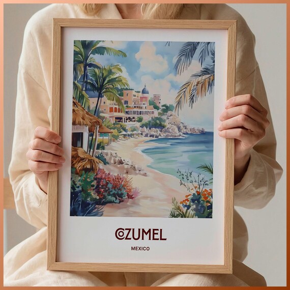 Cozumel Mexico Pastel Palm Beach Resort Coastline Travel Poster
