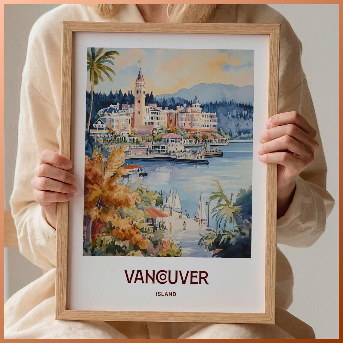 Vancouver Island Canada Harbor Sailboats Watercolor Coastal Travel Poster