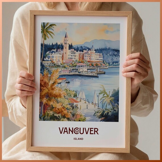 Vancouver Island Canada Harbor Sailboats Watercolor Coastal Travel Poster