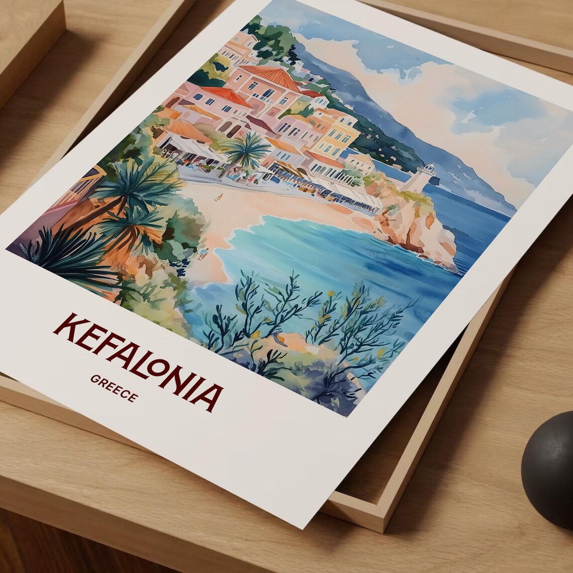 Kefalonia Greece Beach Cove Colorful Town Watercolor Travel Poster - Image 2