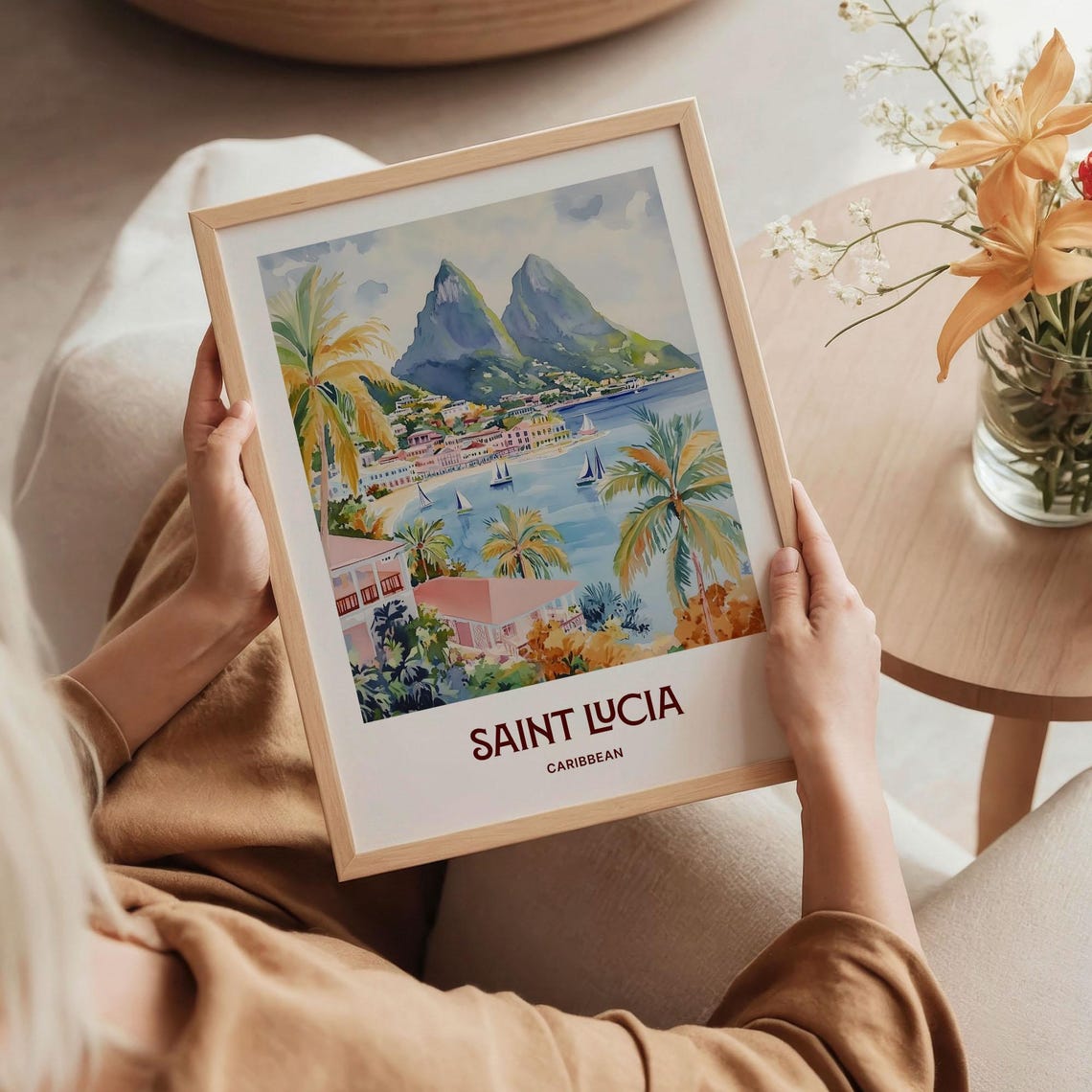 Saint Lucia Pitons Twin Peaks Caribbean Watercolor Travel Poster - Image 5