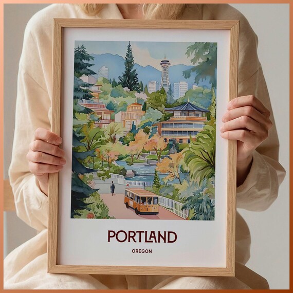 Portland Oregon Gardens Trolley Skyline Watercolor City Art Poster
